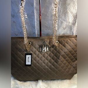 NWT Badgley Mischka Taupe Vegan Leather Quilted Tote Bag